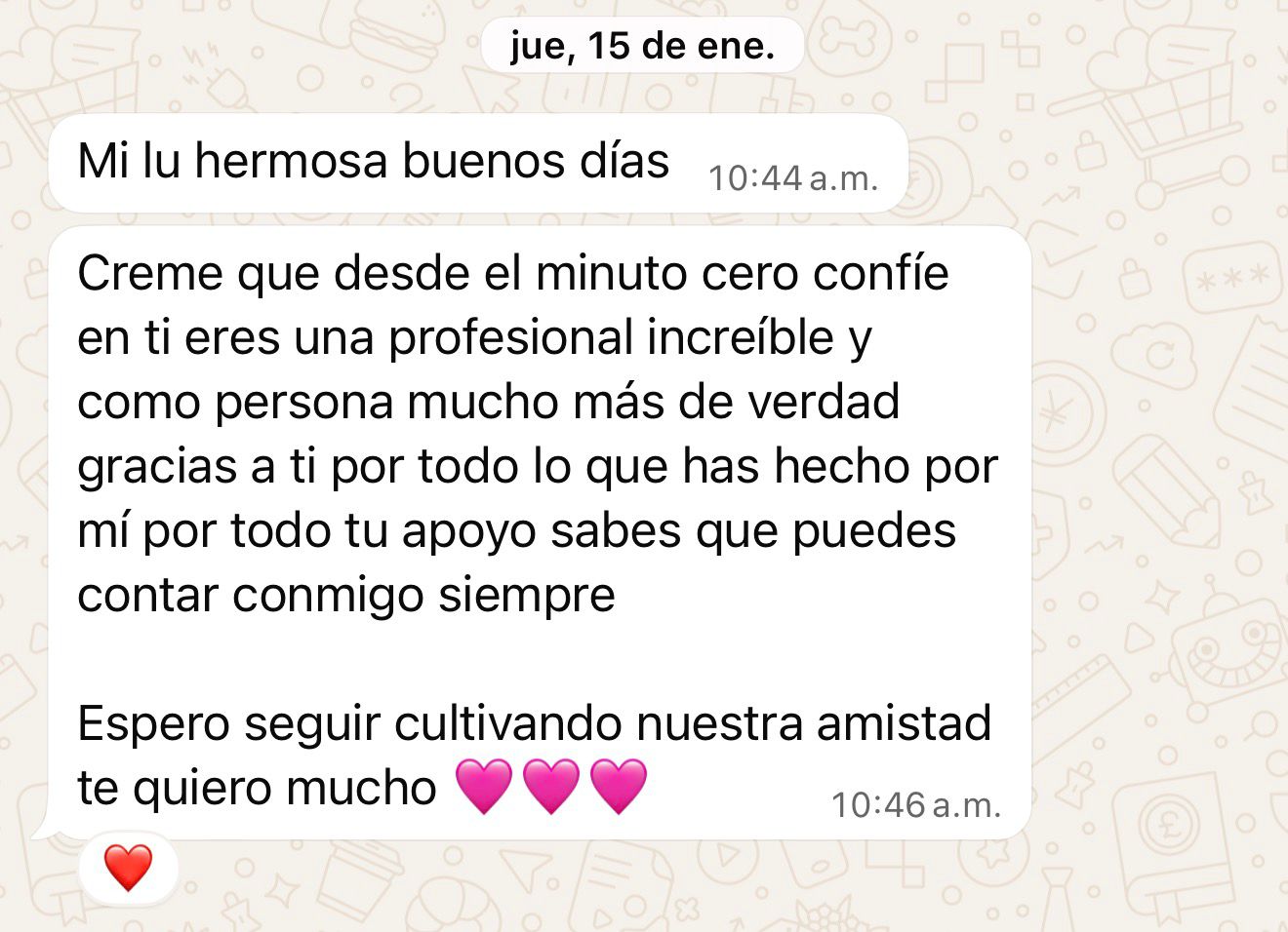 Testimonio por WhatsApp — confianza y amistad